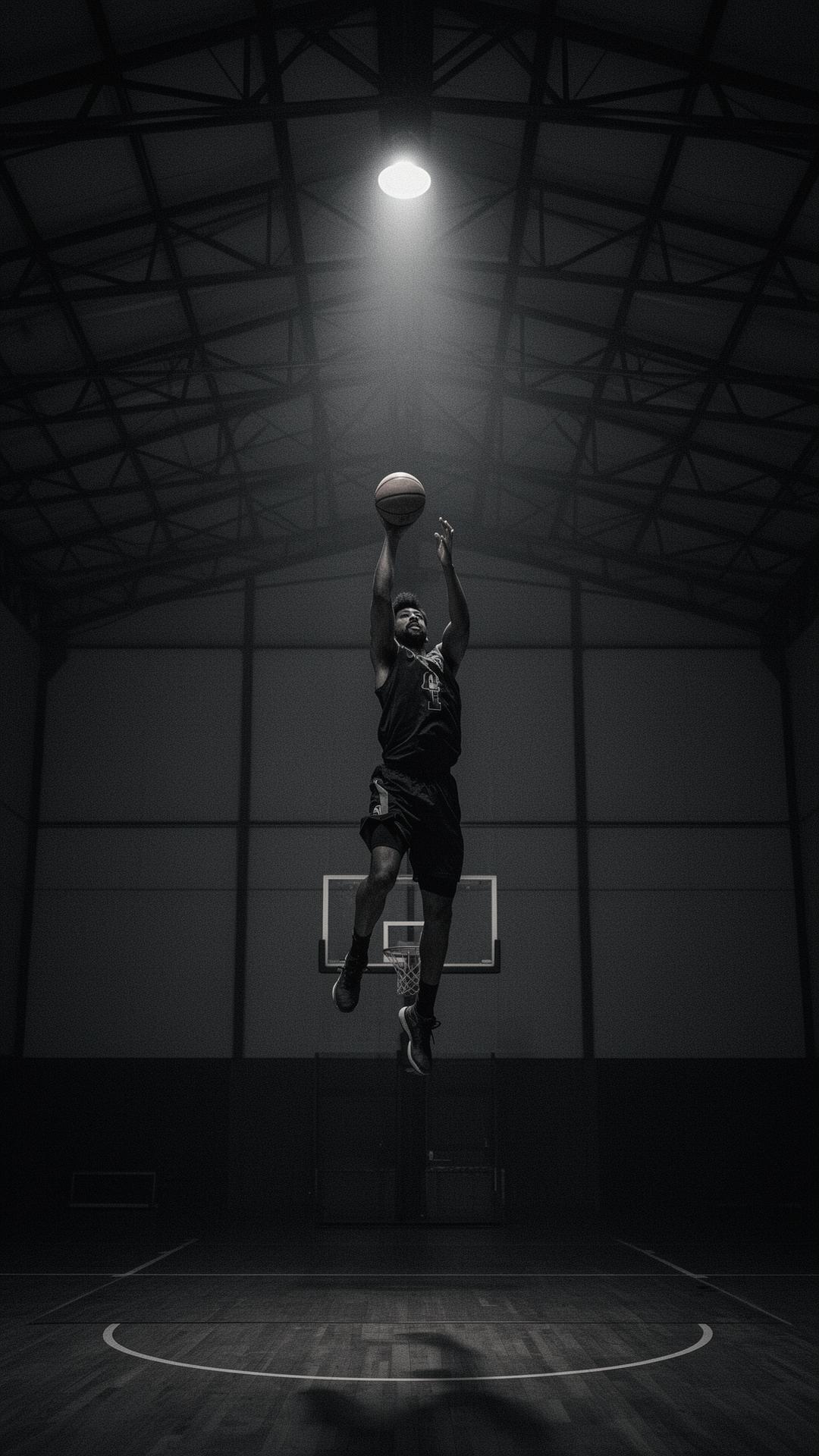 Basketball player jumping in dim industrial gym
